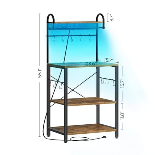 Microwave Stand with Power Outlets, LED Lights, 4-Tier Rack, Kitchen Storage, HB20BR Brown