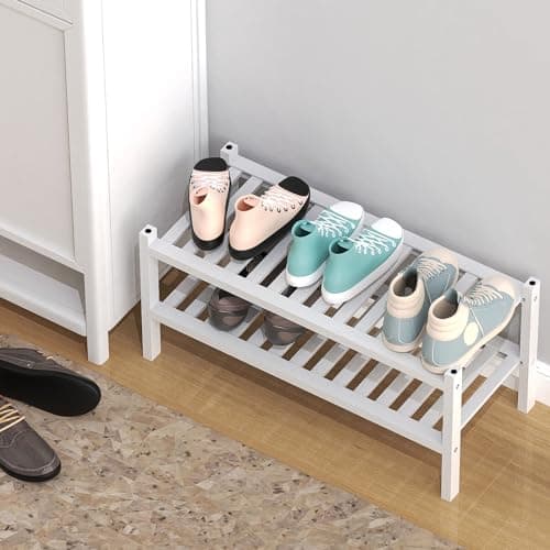 Bamboo 2-Tier Shoe Organizer - White, Free-Standing Closet Storage