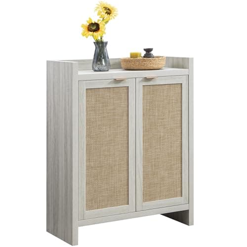SICOTAS 6-Tier Rattan Shoe Cabinet, 41" Tall, 24 Pair Storage with Doors & Shelves, Light Oak Boho Entryway Closet Organ