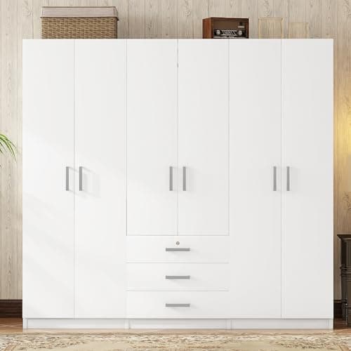 Merax Large 6-Door White Wooden Wardrobe, Tall Armoire Closet Organizer