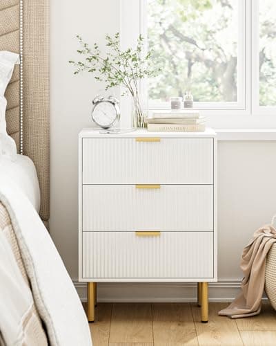 Modern White Nightstand with 3 Drawers & Gold Frame