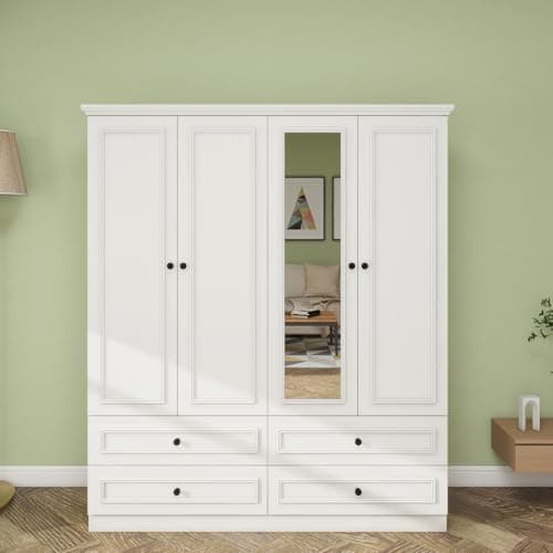 White Large Wood Armoire Wardrobe with 4 Doors 2 Drawers Shelves Hanging Rails
