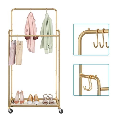 Heavy Duty Gold Rolling Clothing Rack with 4 Hooks for Hanging Clothes