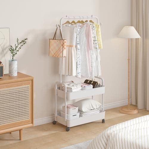 Metal Clothing Racks with Wheels and 2 Tier Plastics Shelf, White