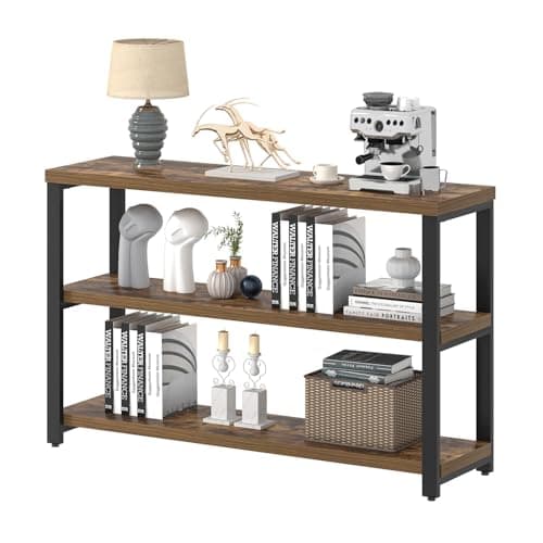 EXCEFUR Industrial Sofa Console Table with 3 Tier Storage Shelves, Rustic Brown