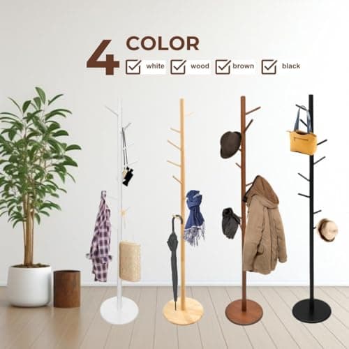 Solid Wood Coat Rack with 8 Hooks, 3 Height Adjustments, Natural Finish (Perchero)