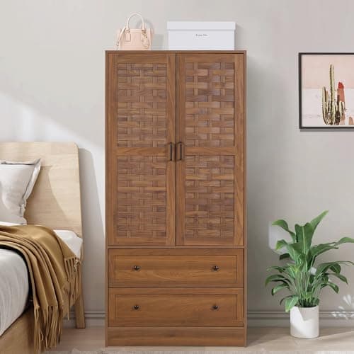 LEVNARY Walnut Freestanding Wardrobe with Woven Doors and Storage Drawers