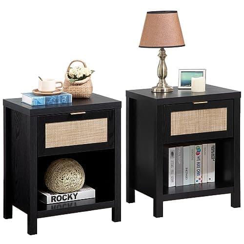 SICOTAS Farmhouse Nightstand Set - Oak Drawer & Storage Shelf - Boho Bedroomaccent