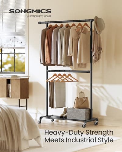 SONGMICS Heavy-Duty Double-Rod Clothes Rack with Casters, Black Adjustable Metal Frame UHSR62BK