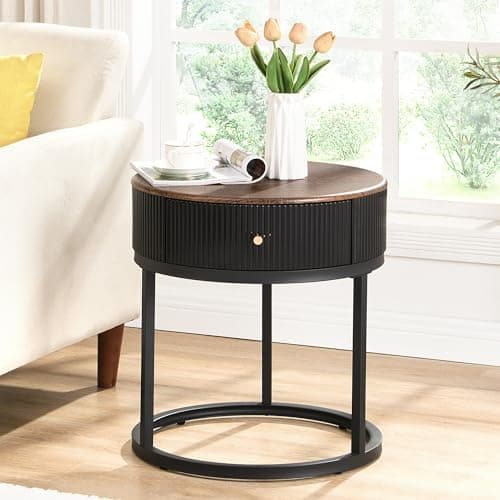 OIOG Modern Brown and Black Side Table Set, Round Nightstand with Drawer