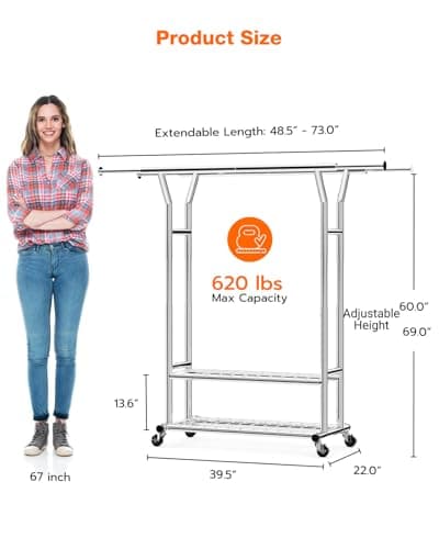 Heavy Duty Silver Portable Rolling Clothing Rack, Adjustable for Home & Commercial