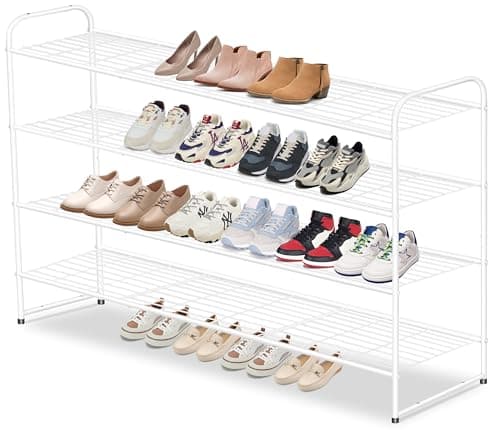 4 Tier Wide Stackable Shoe Rack for Closet with Wire Grid Shelf, White
