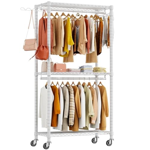 Durable Clothes Garment Rack for Heavy Items: Portable Closet Organizer with Shelves and Double Rods