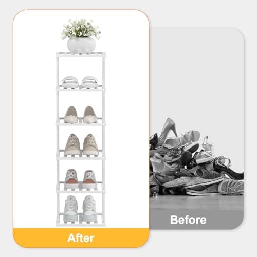 Slim White Bamboo 6-Tier Shoe Rack for Small Spaces Closet Storage