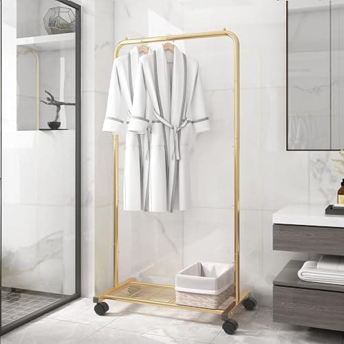 Golden Yellow Clothing Rolling Rack with Mesh Storageshelf