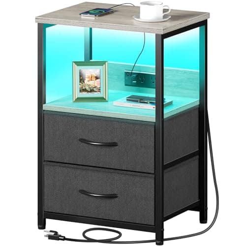 Seventable Black Nightstand with Charging & LED Lights, 3-Tier Storagedrawer