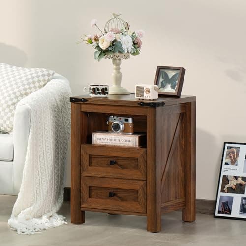 Rustic Brown Nightstands Set of 2 with Charging Station & Drawers