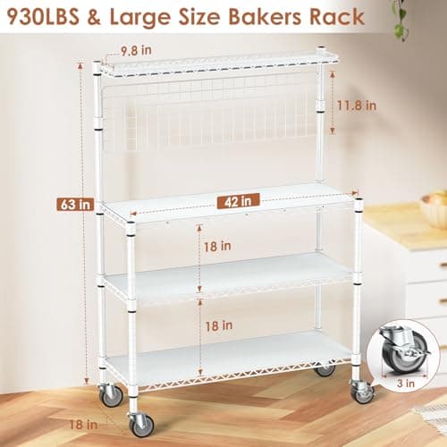 Leteuke 42-Inch 4-Tier Microwave Stand with Storage & Wheels, White