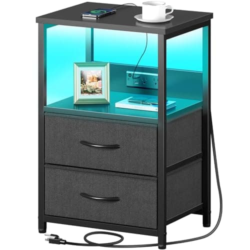 Seventable Black Nightstand with Charging & LED Lights, 3-Tier Storagedrawer