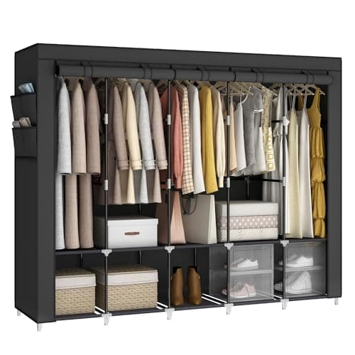 83 Inch Wide Portable Closet Wardrobe with Cover, Hanging Rods & Shelves, Grey