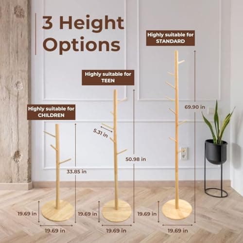 Solid Wood Coat Rack with 8 Hooks, 3 Height Adjustments, Natural Finish (Perchero)