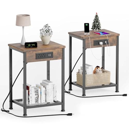 Fixwal End Table Set of 2 with Charging Station (Light Walnut Gray)
