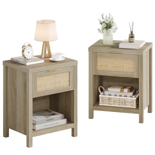 Caramel Oak Boho Rattan Nightstand Set with Drawer & Storage Shelf