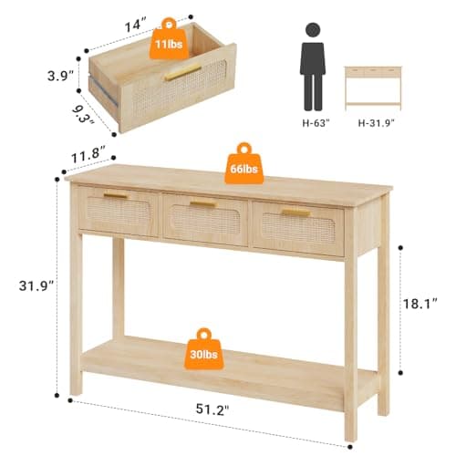 Elyken 51.2" Boho Narrow Entryway Table with Storage Drawers