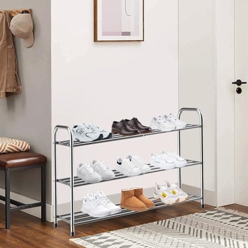 Sturdy 3-Tier Stainless Steel Shoe Rack, Strong Capacity, Easy Install, Space-Saving Closet Organizer