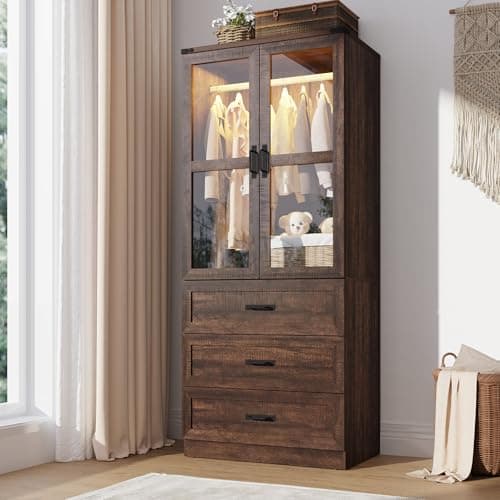 75" Tall Brown Farmhouse Armoire Wardrobe with 2 Doors, 3 Drawers & Rod