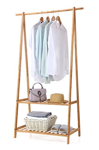 Finnhomy Large Portable Bamboo Clothes Rack with 2-Tire Storage Shelves