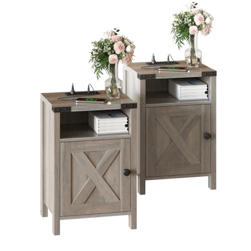 Modern White Farmhouse End Tables with Charging Station Set of 2