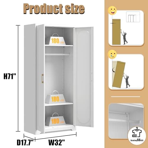 71" Tall White Metal Storage Cabinet with Hanging Rod and Shelves, Ideal for Bedroom, Armoire or Bathroom