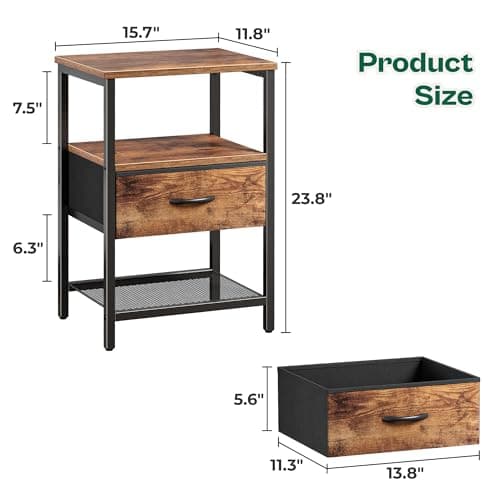 Huurger Nightstand Set of 2: Rustic Brown, Fabric Drawers & Mesh Shelf