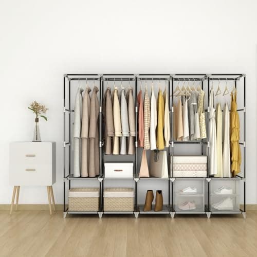83 Inch Wide Portable Closet Wardrobe with Cover, Hanging Rods & Shelves, Grey