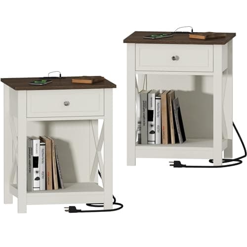 Treocho Farmhouse End Table Set of 2 with Charging Station