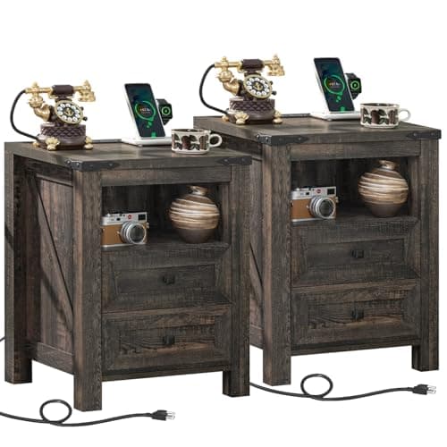 Rustic Brown Nightstands Set of 2 with Charging Station & Drawers