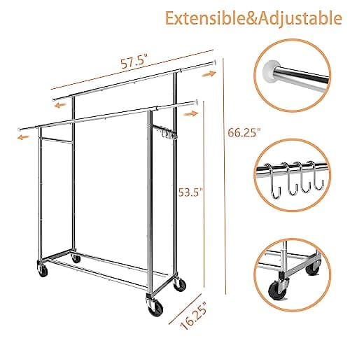 Trending Double Rod Clothing Rack with 4 Hooks & Wheels, Chrome