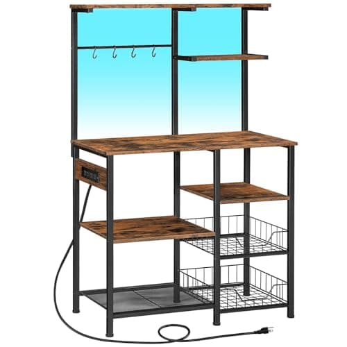 HOOBRO 6-Tier Bakers Rack with Power Outlet & LED Light, Rustic Brown & Black BF64UDHB01