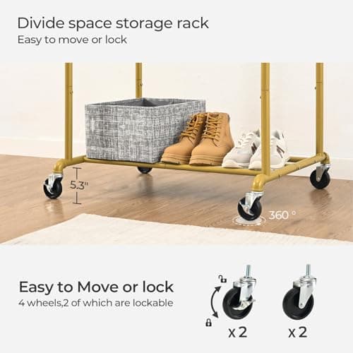 Heavy Duty Rolling Clothes Rack, Gold, Max 400Lbs, Double Rod Organizer