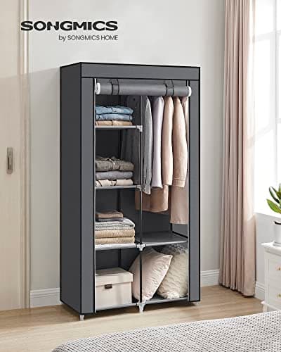 SONGMICS 6-Shelf Portable Closet with Hanging Rail, Grey URYG84GY