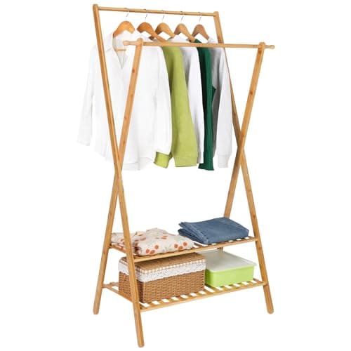 Ufine Bamboo Double Rod Clothing Rack with 2 Tier Storage Closet Organizer