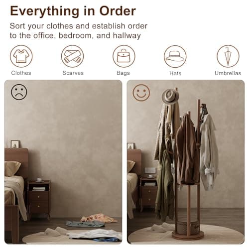 Walnut Solid Wood Coat Rack with 3 Shelves & 9 Hooks for Bedroom, Entryway & Livingroom
