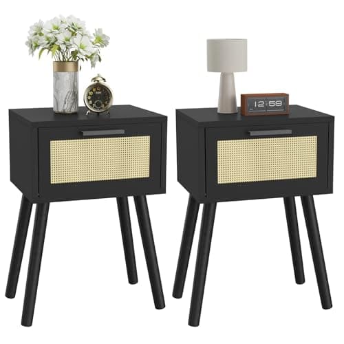 Modern Black Handmade Rattan Nightstand Set, Solid Wood Legs, Drawers for Bedroom and Small Spaces UHST010B-2