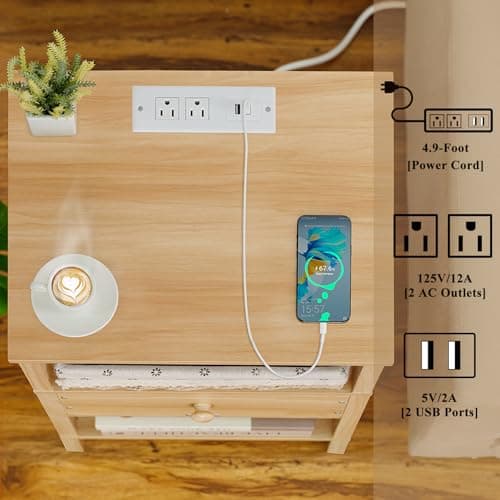 Lerliuo 3-Tier Nightstand with Charging Station - Natural Wood