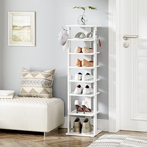 Vertical Shoe Rack Organizer for 8 Pairs, White Wood Storage Tower