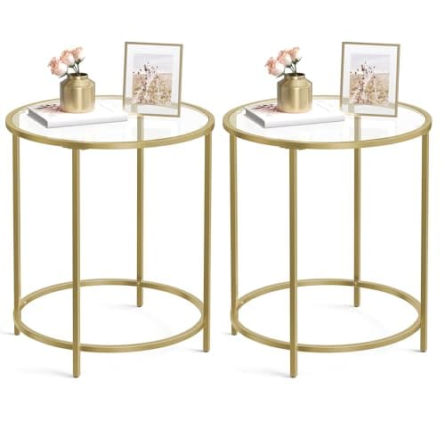 VASAGLE Gold Round Side Table Set, Glass Top Metal Frame, Modern Living Room Furniture