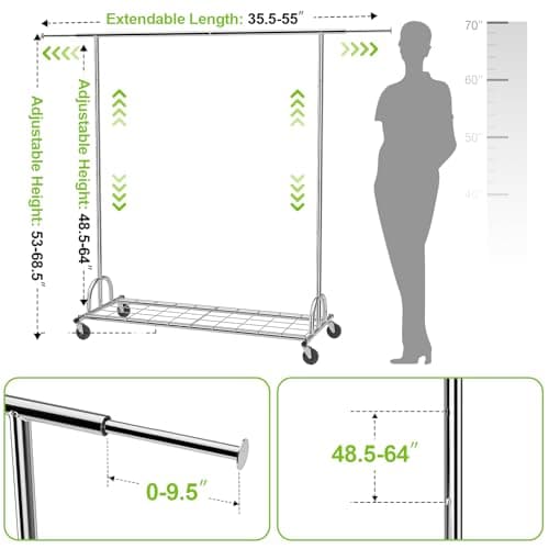 Sturdy 176lbs Capacity Collapsible Metal Rolling Clothes Rack, SilverChrome