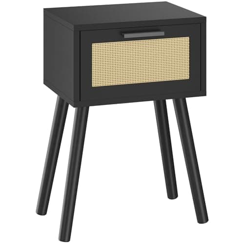 Modern Black Handmade Rattan Nightstand Set, Solid Wood Legs, Drawers for Bedroom and Small Spaces UHST010B-2