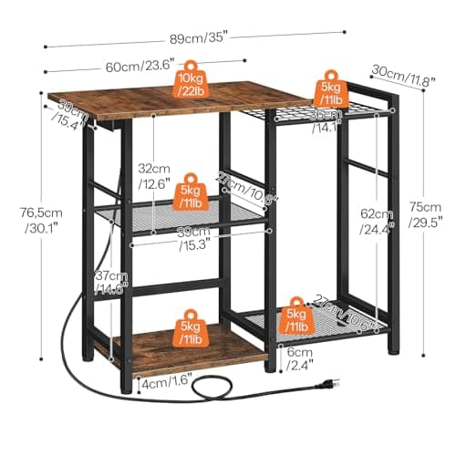 HOOBRO Black & Rustic Bakers Rack with Charging Station, BF15UHB01